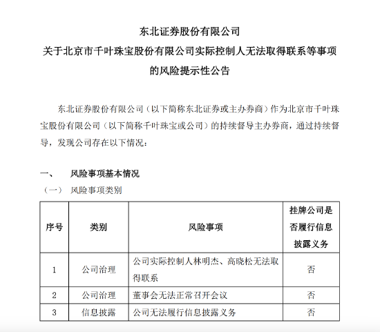 千叶珠宝被曝拖欠员工薪资	、管理层失联，主办券商：无法与公司实控人取得联系