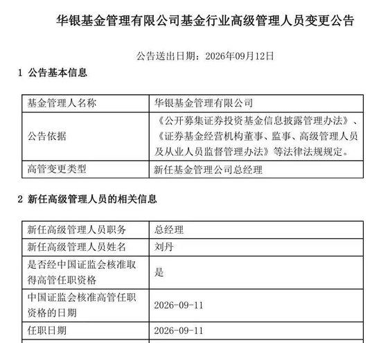 华银基金新任总经理落定：刘丹履新	，华夏银行系高管再落一子
